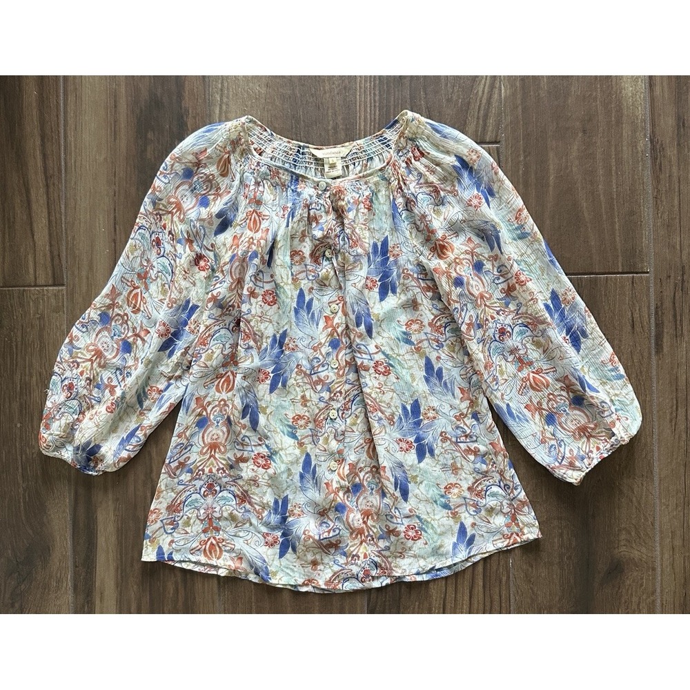 Sundance Womens 100% Silk Paisley Floral Smocked Blouse Blue Orange Small